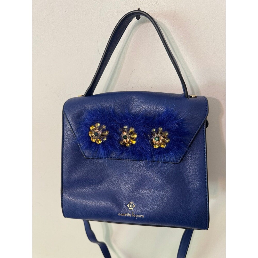 NANETTE LEPORE SAPPHIRE BLUE FUR/JEWELED TOP HANDLE BAG